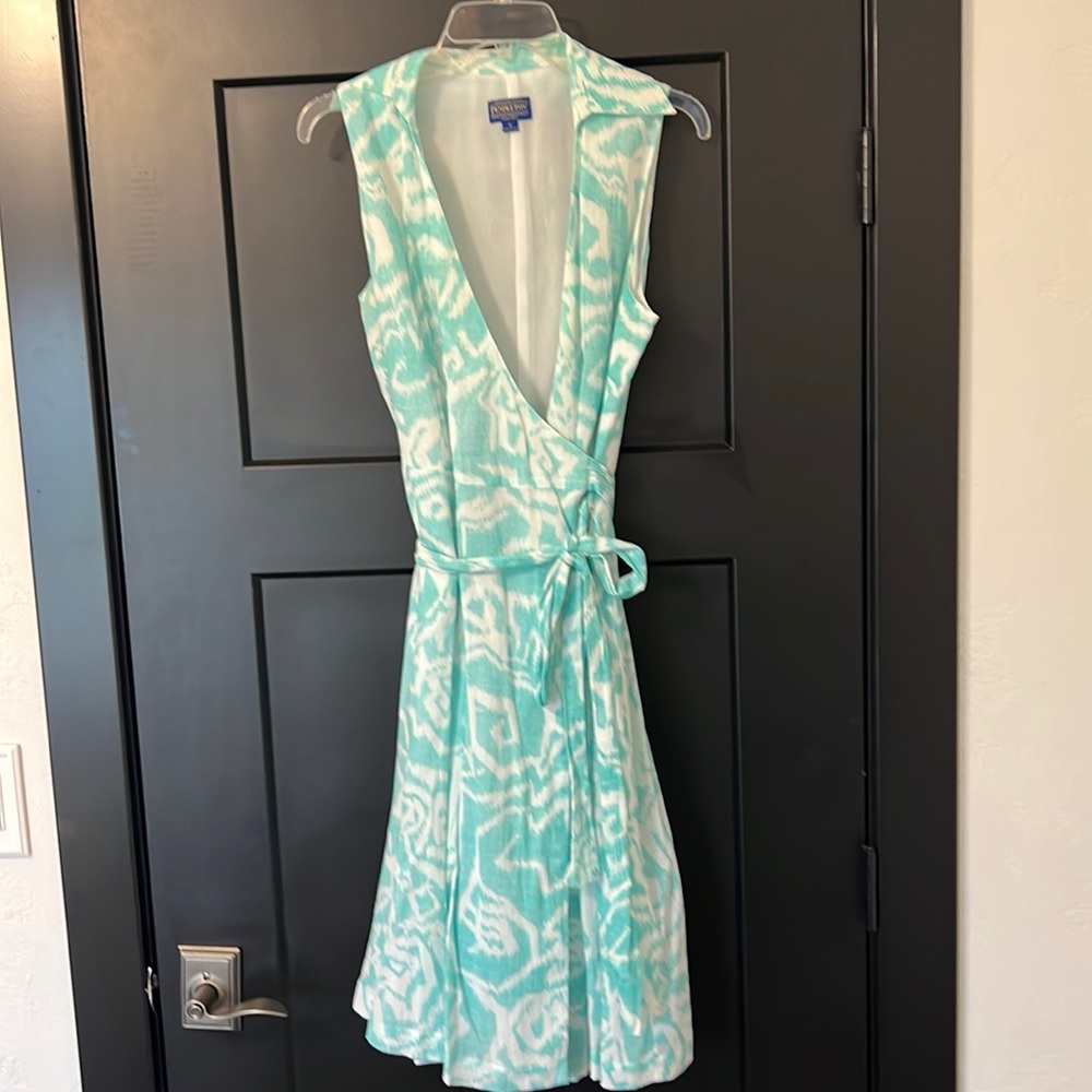 Women’s Pendleton Faux Wrap Dress White and Aqua Pattern Size 8